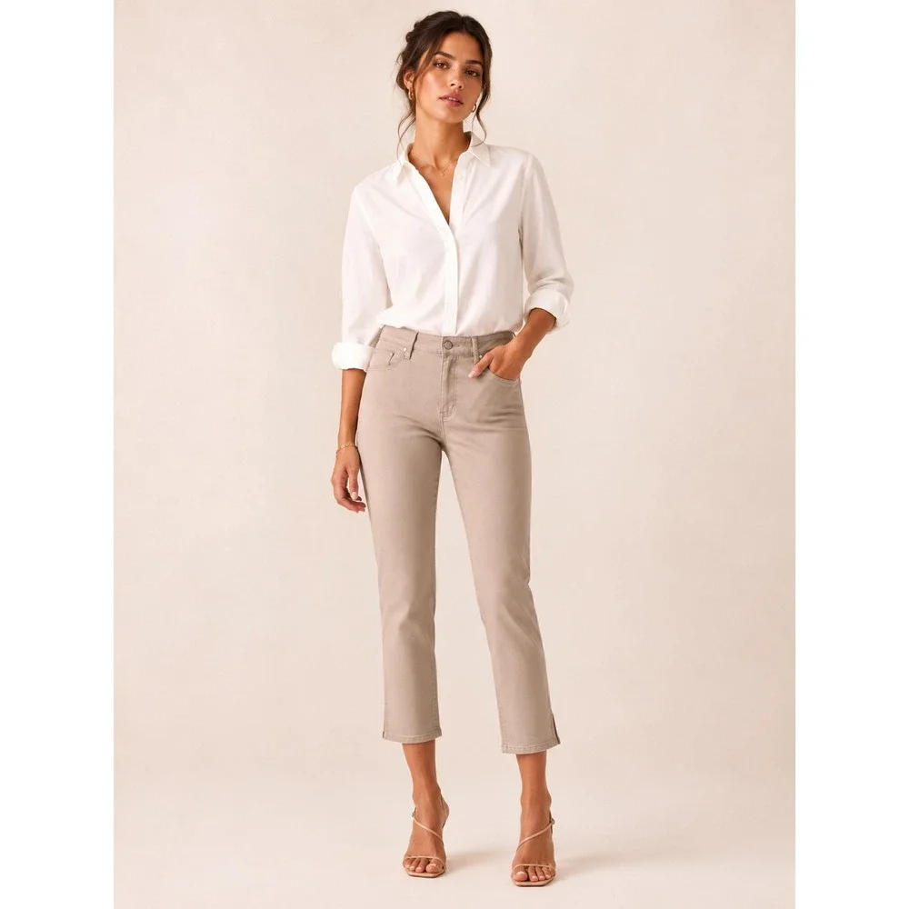 NYDJ Crop Pants Women 6 Tan Excellent Lift Tuck Preppy Tailored